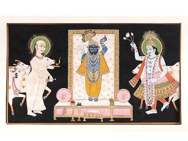 exotic india Shrinathji with Yamunaji and Mahaprabhuji | Watercolor on Paper 