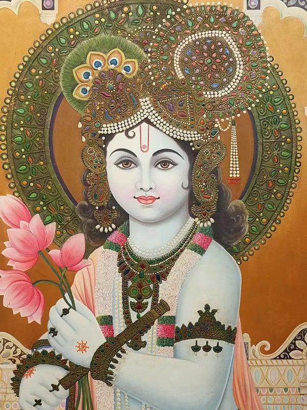 Exotic India Shyam Sundar Krishna (Heavily Embossed With 24 Karat Gold) 