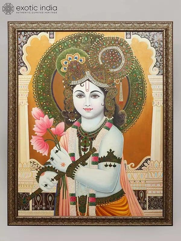 exotic india Shyam Sundar Krishna (Heavily Embossed with 24 Karat Gold) 