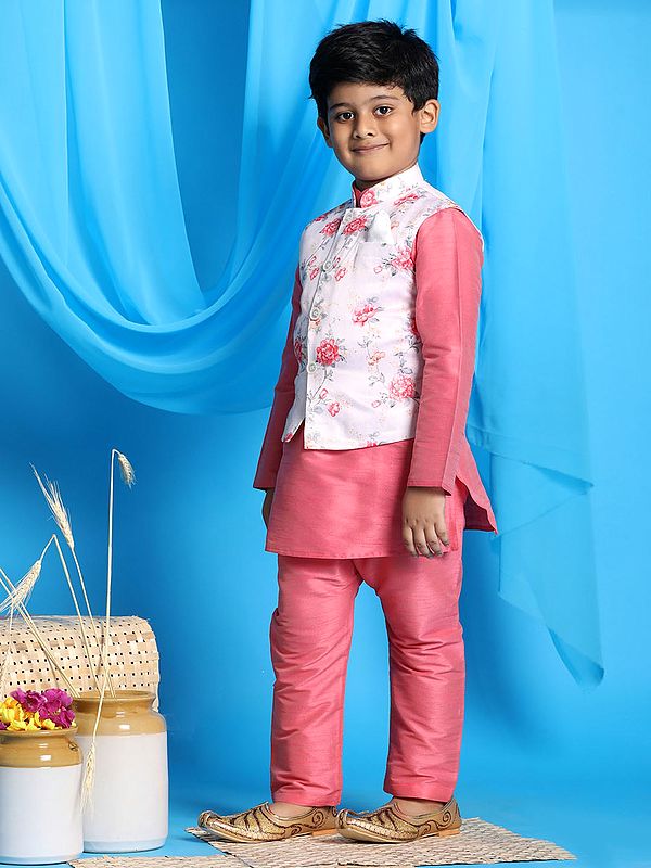 Exotic India Silk Blend All-Over Floral Print Modi Jacket With Kurta Pajama 