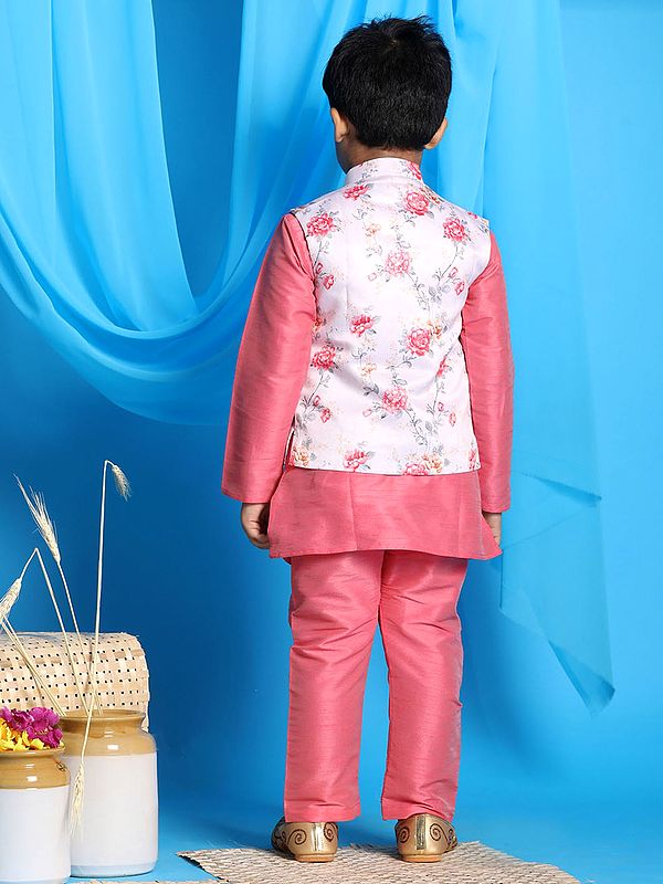 Exotic India Silk Blend All-Over Floral Print Modi Jacket With Kurta Pajama 