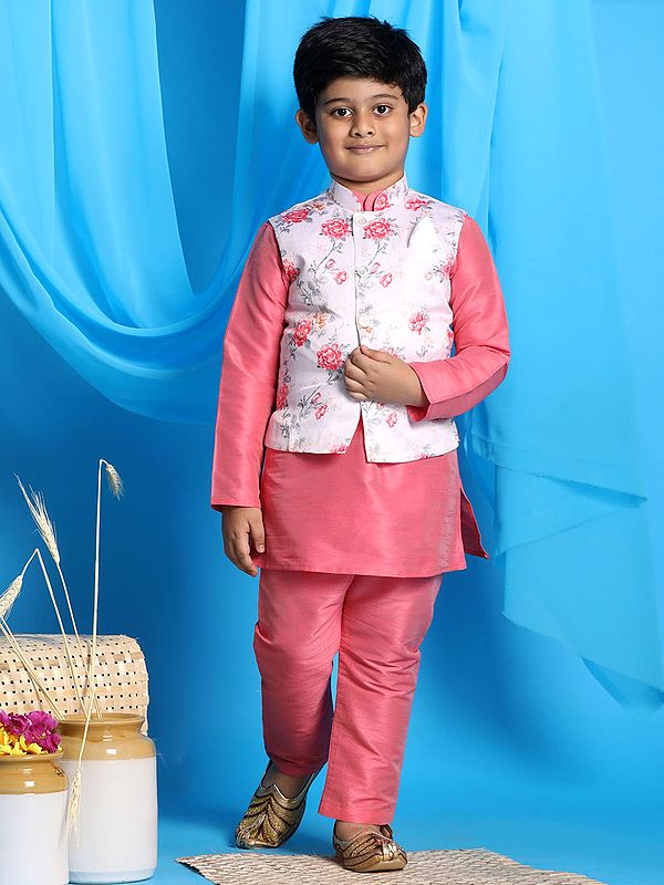 exotic india Silk Blend All-Over Floral Print Modi Jacket With Kurta Pajama 