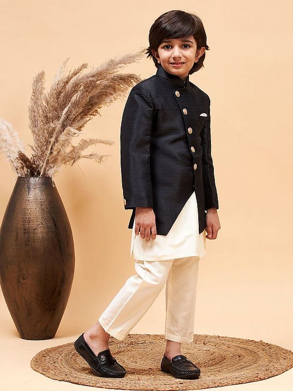Exotic India Silk Blend Angrakha Style Indo Western Sherwani With Viscose Cream Kurta Pajama 