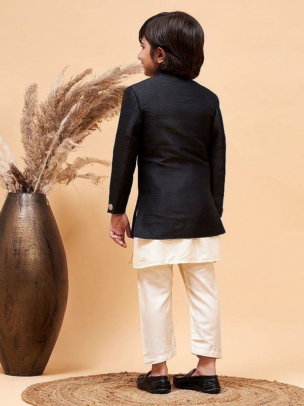 Exotic India Silk Blend Angrakha Style Indo Western Sherwani With Viscose Cream Kurta Pajama 