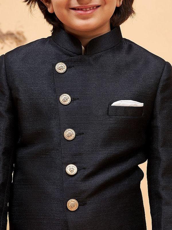 Exotic India Silk Blend Angrakha Style Indo Western Sherwani With Viscose Cream Kurta Pajama 