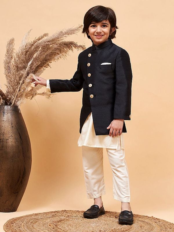 exotic india Silk Blend Angrakha Style Indo Western Sherwani With Viscose Cream Kurta Pajama 