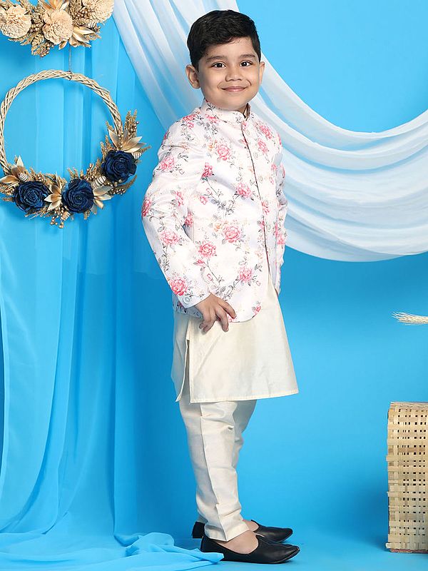 Exotic India Silk Blend Digital Floral Printed Jodhpuri With Cream Viscose Kurta Pajama 