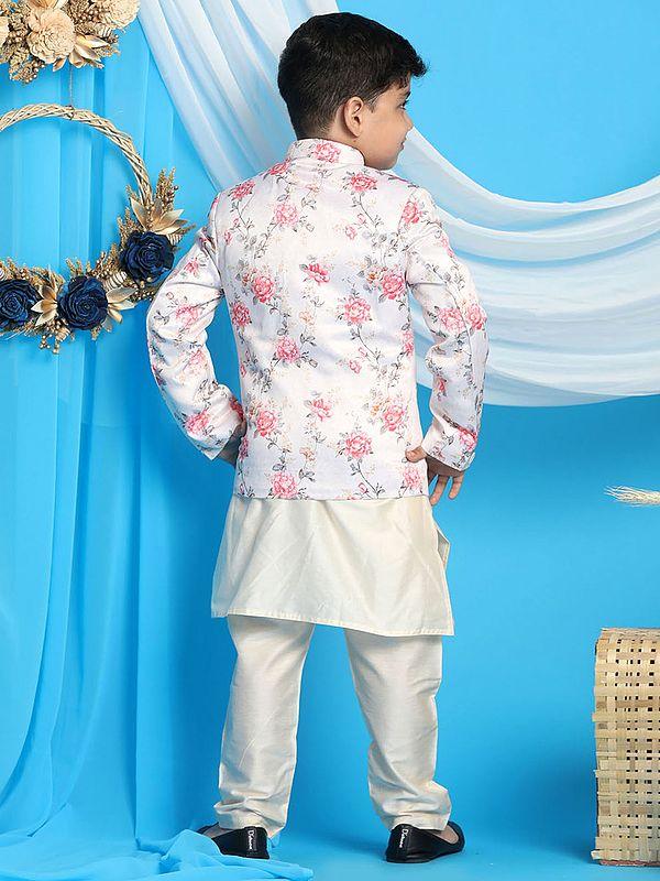 Exotic India Silk Blend Digital Floral Printed Jodhpuri With Cream Viscose Kurta Pajama 
