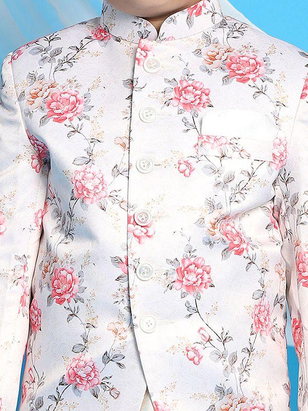 Exotic India Silk Blend Digital Floral Printed Jodhpuri With Cream Viscose Kurta Pajama 