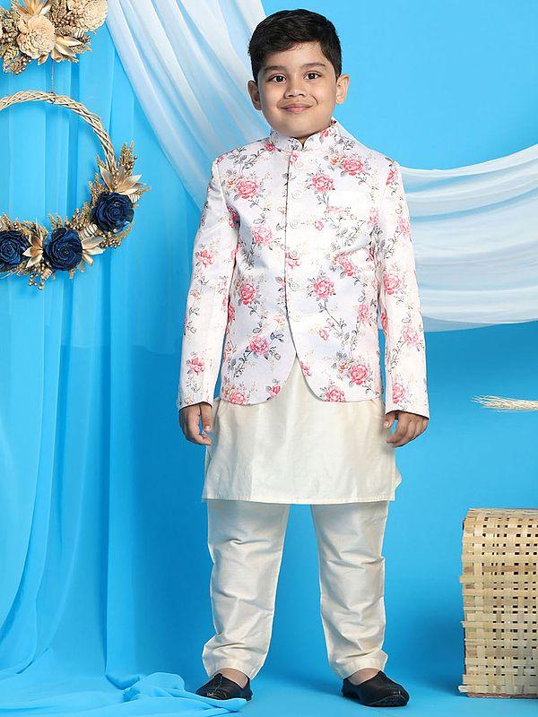 exotic india Silk Blend Digital Floral Printed Jodhpuri With Cream Viscose Kurta Pajama 