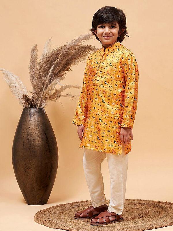 Exotic India Silk Blend Ethnic Patola Pattern Yellow Kurta With Poly Viscose Cream Pajama