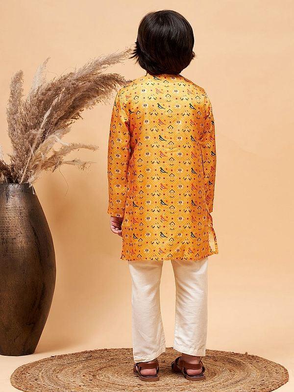 Exotic India Silk Blend Ethnic Patola Pattern Yellow Kurta With Poly Viscose Cream Pajama