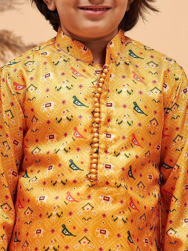 Exotic India Silk Blend Ethnic Patola Pattern Yellow Kurta With Poly Viscose Cream Pajama 