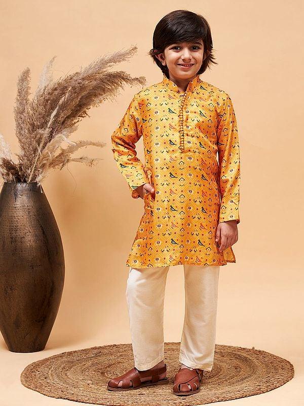 exotic india Silk Blend Ethnic Patola Pattern Yellow Kurta With Poly Viscose Cream Pajama 