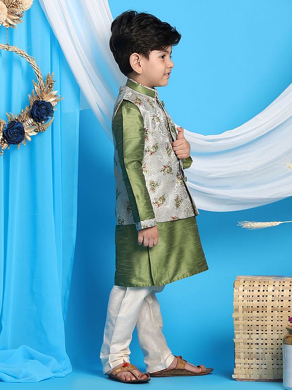 Exotic India Silk Blend Green Kurta And Floral Pattern Modi Jacket And Viscose Blend Cream Pajama 