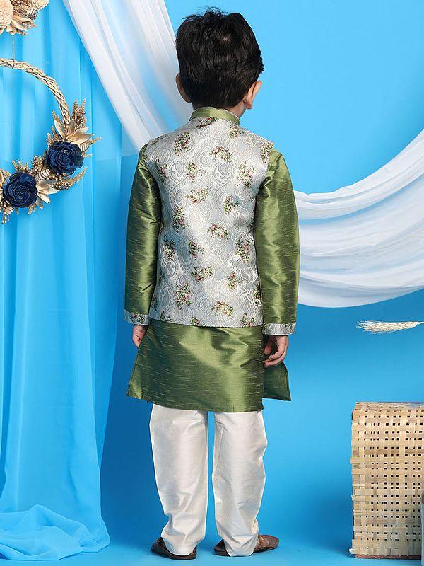 Exotic India Silk Blend Green Kurta And Floral Pattern Modi Jacket And Viscose Blend Cream Pajama 