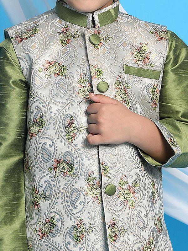 Exotic India Silk Blend Green Kurta And Floral Pattern Modi Jacket And Viscose Blend Cream Pajama 