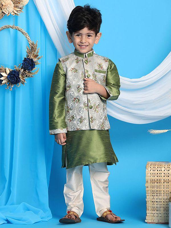 exotic india Silk Blend Green Kurta And Floral Pattern Modi Jacket And Viscose Blend Cream Pajama 