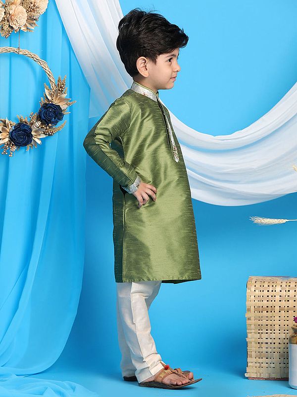 Exotic India Silk Blend Green Kurta With Viscose Blend Cream Pajama 