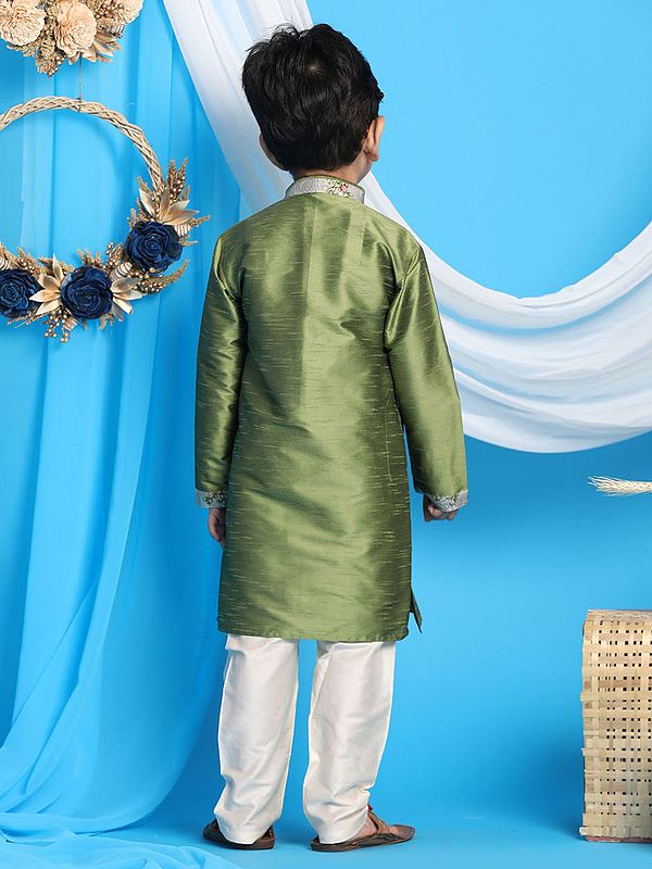 Exotic India Silk Blend Green Kurta With Viscose Blend Cream Pajama 