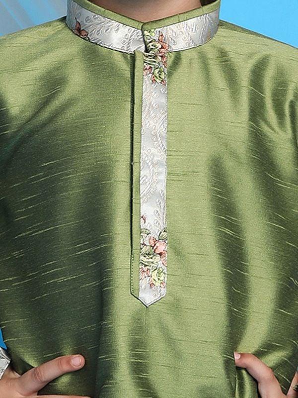Exotic India Silk Blend Green Kurta With Viscose Blend Cream Pajama 