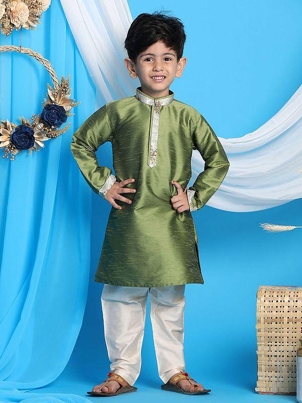 exotic india Silk Blend Green Kurta with Viscose Blend Cream Pajama 