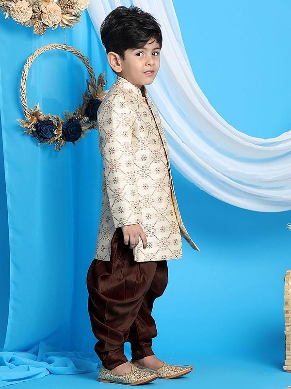 Exotic India Silk Blend Jacquard Beige Sherwani With Viscose Dhoti 