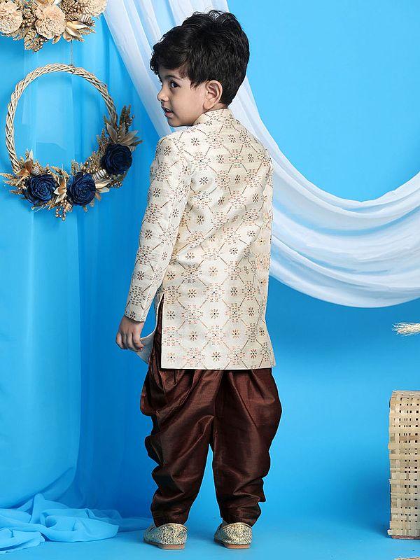 Exotic India Silk Blend Jacquard Beige Sherwani With Viscose Dhoti 