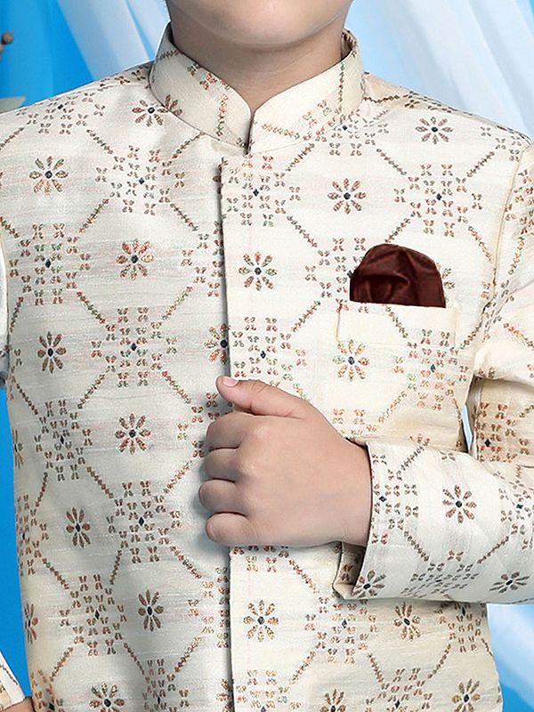 Exotic India Silk Blend Jacquard Beige Sherwani With Viscose Dhoti 