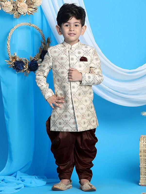 exotic india Silk Blend Jacquard Beige Sherwani With Viscose Dhoti 