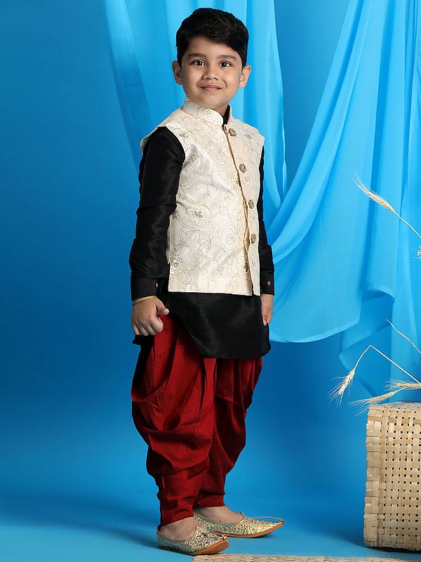 Exotic India Silk Blend Kurta And Phool Embroidered Modi Jacket With Viscose Blend Pajama 