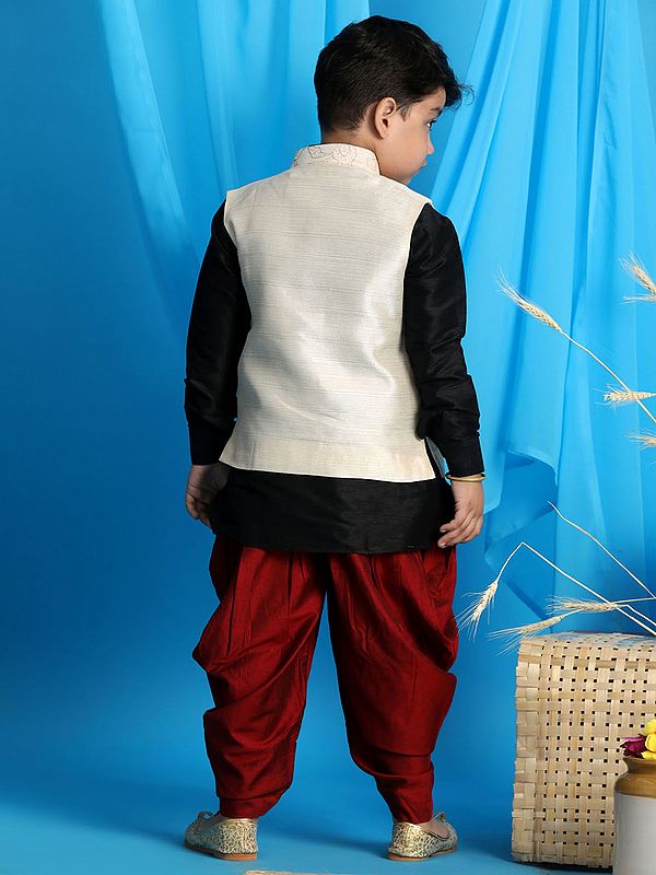 Exotic India Silk Blend Kurta And Phool Embroidered Modi Jacket With Viscose Blend Pajama 