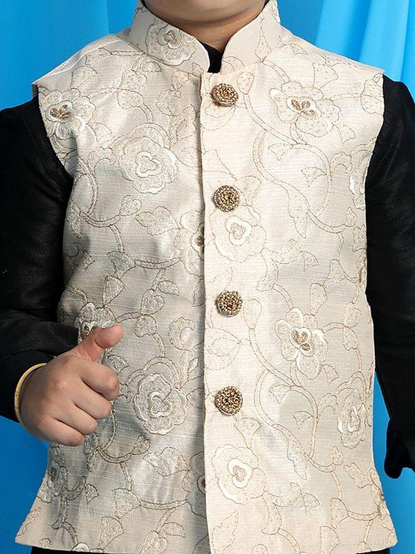 Exotic India Silk Blend Kurta And Phool Embroidered Modi Jacket With Viscose Blend Pajama 