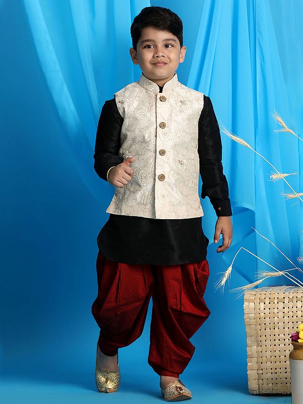 exotic india Silk Blend Kurta And Phool Embroidered Modi Jacket With Viscose Blend Pajama 