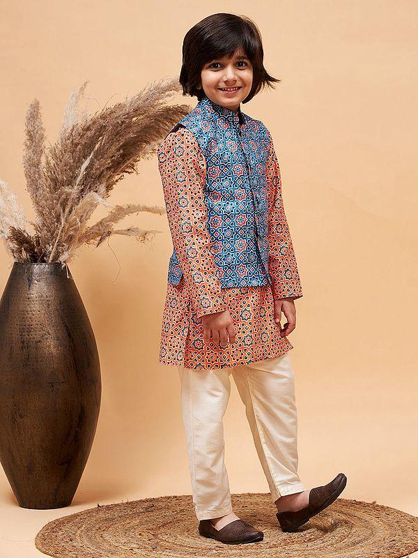Exotic India Silk Blend Moroccan Pattern Printed Blue Modi Jacket And Orange Kurta With Poly Viscose Pajama