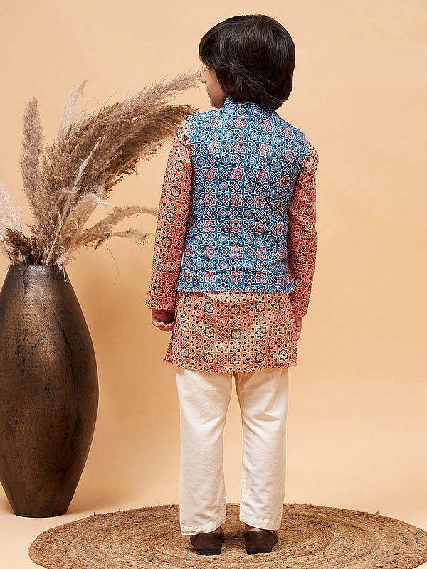 Exotic India Silk Blend Moroccan Pattern Printed Blue Modi Jacket And Orange Kurta With Poly Viscose Pajama