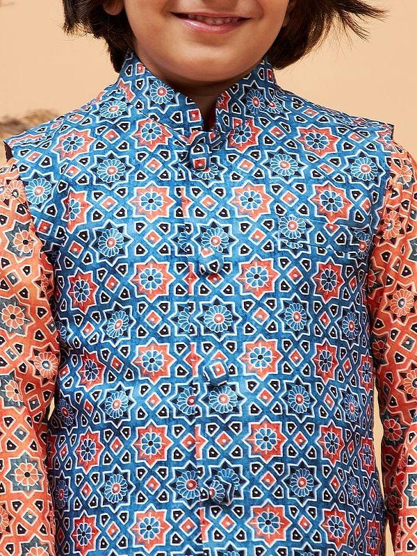Exotic India Silk Blend Moroccan Pattern Printed Blue Modi Jacket And Orange Kurta With Poly Viscose Pajama