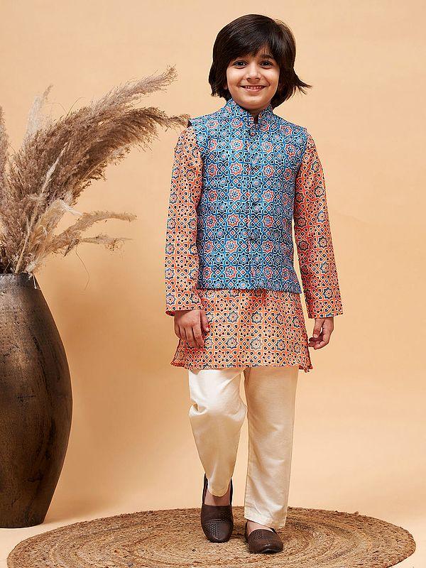 exotic india Silk Blend Moroccan Pattern Printed Blue Modi Jacket And Orange Kurta With Poly Viscose Pajama 