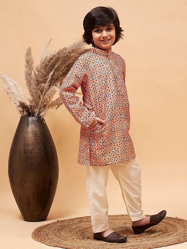 Exotic India Silk Blend Moroccan Pattern Printed Orange Kurta With Poly Viscose Cream Pajama