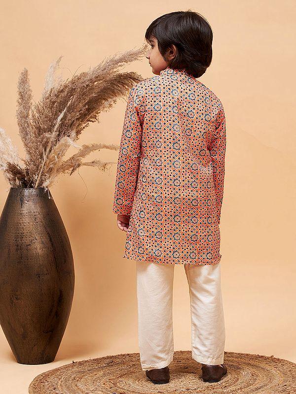 Exotic India Silk Blend Moroccan Pattern Printed Orange Kurta With Poly Viscose Cream Pajama