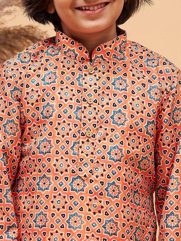 Exotic India Silk Blend Moroccan Pattern Printed Orange Kurta With Poly Viscose Cream Pajama