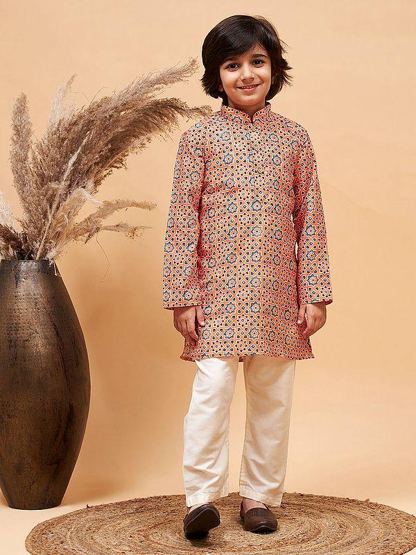 exotic india Silk Blend Moroccan Pattern Printed Orange Kurta with Poly Viscose Cream Pajama 