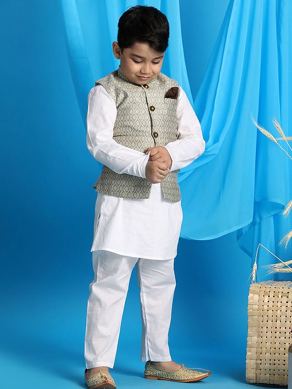 Exotic India Silk Blend Ogee Pattern Modi Jacket With Cotton Blend White Plain Kurta Pajama 