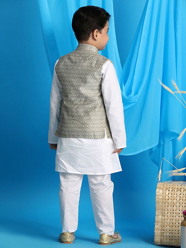 Exotic India Silk Blend Ogee Pattern Modi Jacket With Cotton Blend White Plain Kurta Pajama 