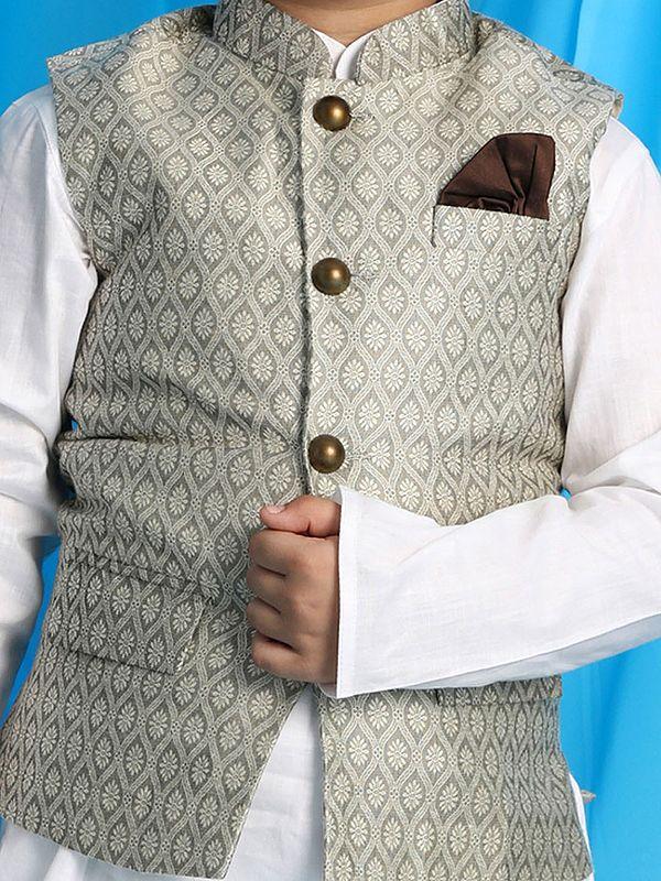Exotic India Silk Blend Ogee Pattern Modi Jacket With Cotton Blend White Plain Kurta Pajama 