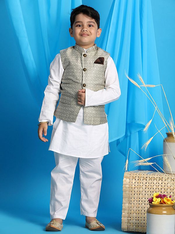 exotic india Silk Blend Ogee Pattern Modi Jacket With Cotton Blend White Plain Kurta Pajama 
