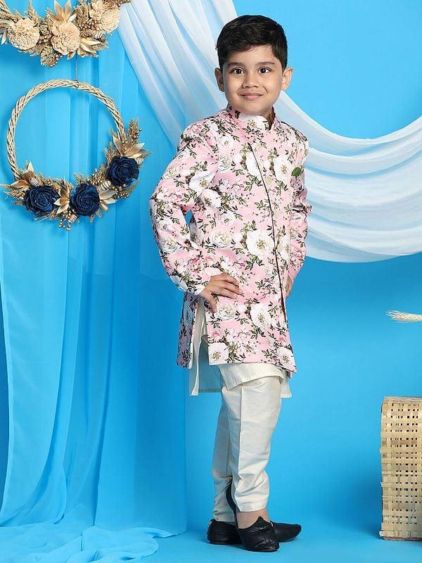 Exotic India Silk Blend Phool Printed Indowestern Pink Sherwani With Viscose Cream Kurta Pajama 