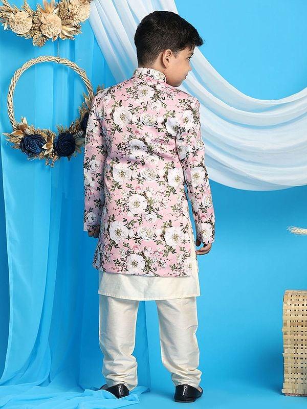 Exotic India Silk Blend Phool Printed Indowestern Pink Sherwani With Viscose Cream Kurta Pajama 