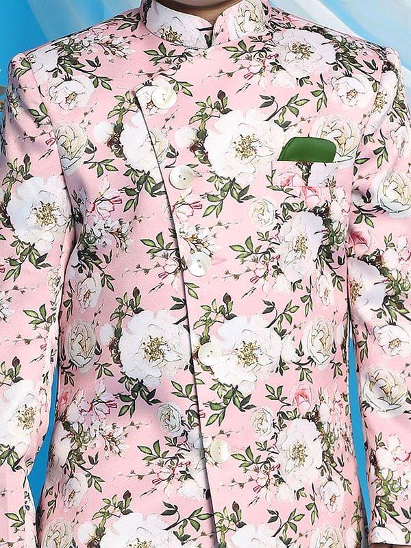Exotic India Silk Blend Phool Printed Indowestern Pink Sherwani With Viscose Cream Kurta Pajama 