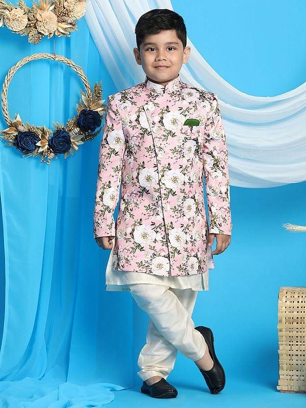 exotic india Silk Blend Phool Printed Indowestern Pink Sherwani With Viscose Cream Kurta Pajama 